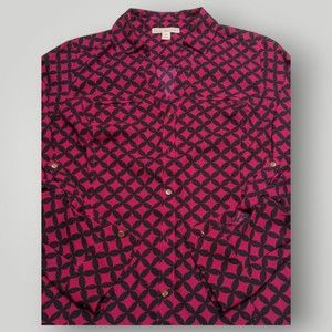 Dana Buchman Women's M Pink & Navy Blue Diamond Print Button Blouse V Neck Top